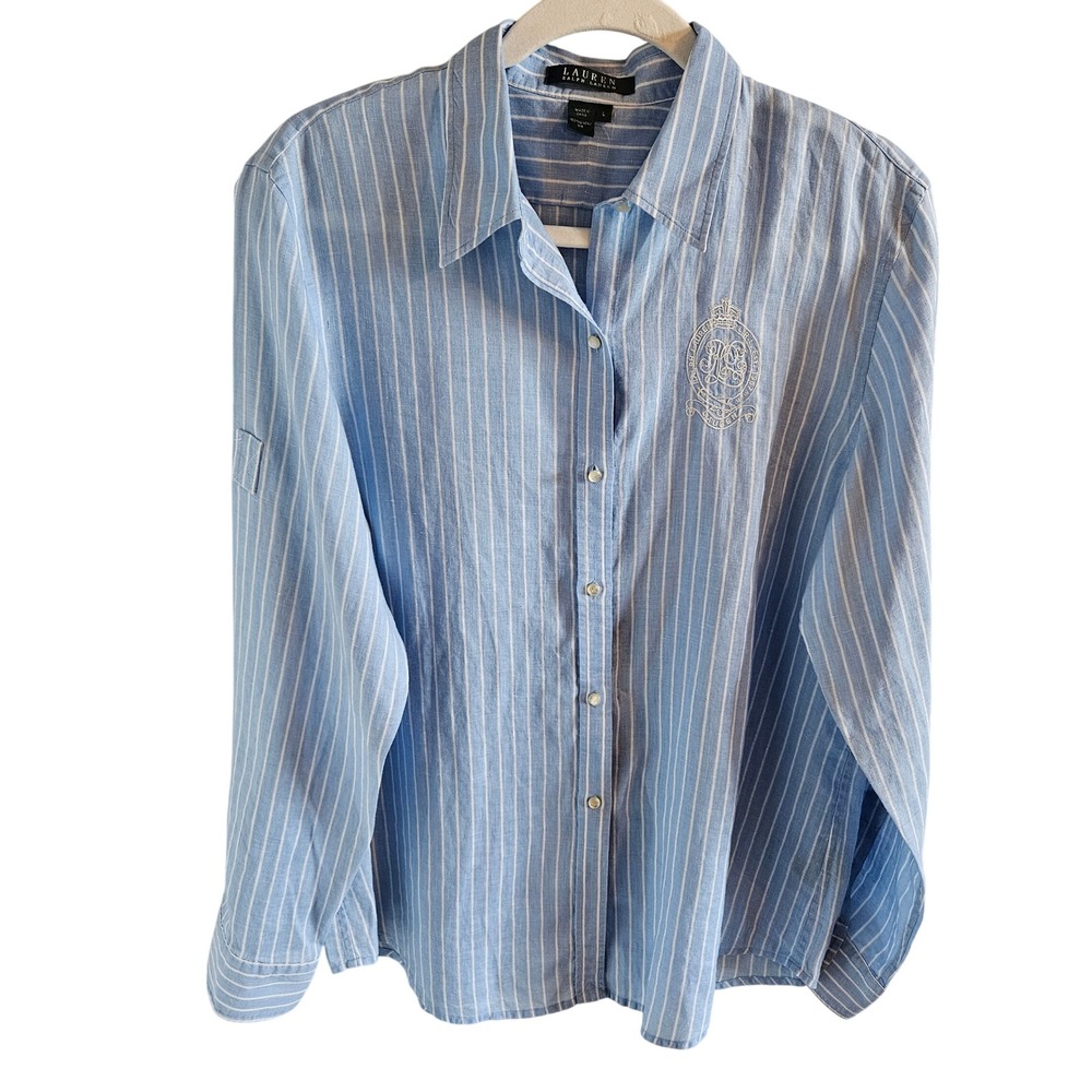 Lauren Ralph Lauren Women Blue White Stripe 100% Linen Crest Button Down Shirt L